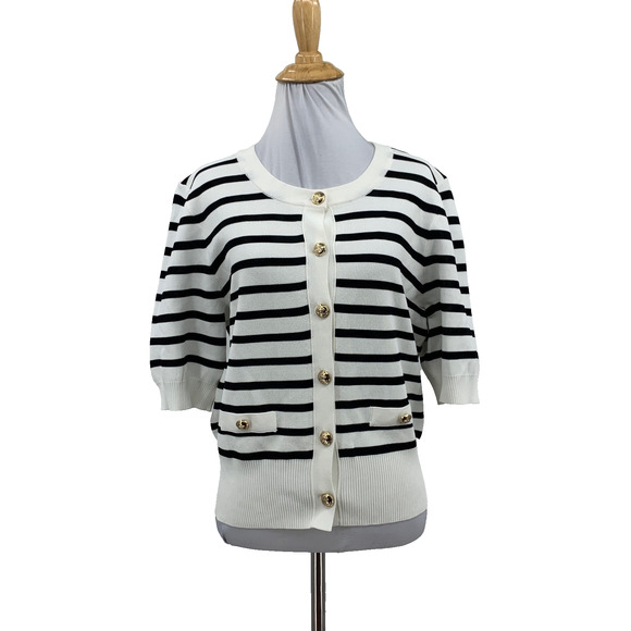CeCe Sweaters - CeCe Cardigan Womens M Medium Striped Half Sleeve Goldtone Buttons Outfitted